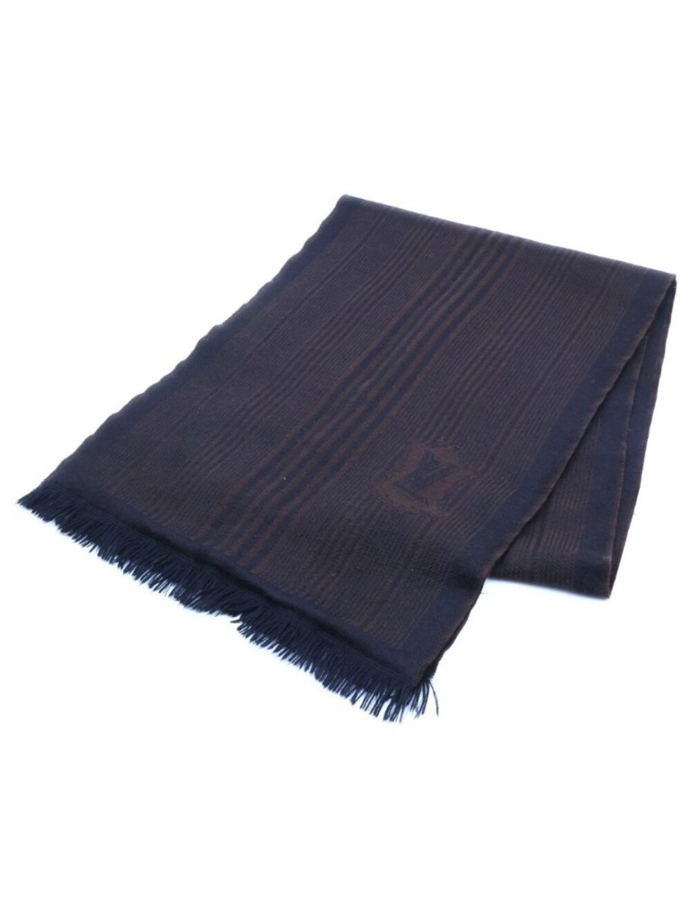 Louis Vuitton Cashmere Blend Stripe LV Emblem Fringe Scarf Shawl Brown